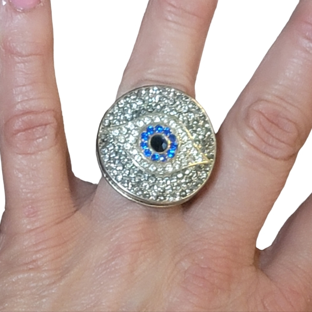 EVIL EYE Ring silver tone and rhinestones stretchy band protection
